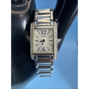 Pulsar Watch Womens Crystal Accent Rectangular Stainless Steel 18mm New Battery